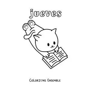 Image à colorier du jeudi avec un chat animé qui lit un livre