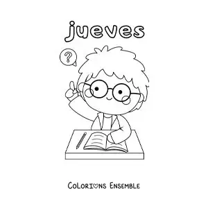 Image à colorier du jeudi avec un garçon qui lève la main en classe