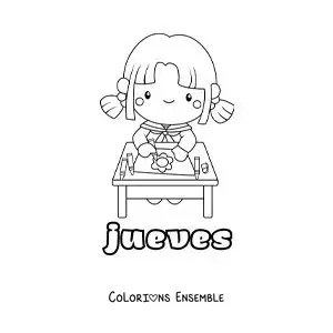 Image à colorier du jeudi avec une fille qui colorie en classe