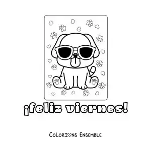 Image à colorier de bon vendredi avec un carlin animé kawaii