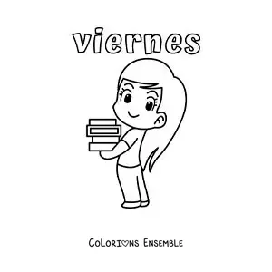 Image à colorier du vendredi avec une fille qui porte des manuels scolaires