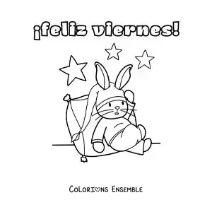 Image à colorier de bon vendredi avec un lapin animé qui dort en pyjama