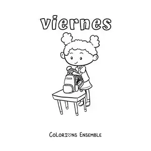 Image à colorier du vendredi avec une fille qui range ses affaires après les cours