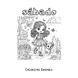 Image à colorier du samedi avec une fille qui promène son chien au parc