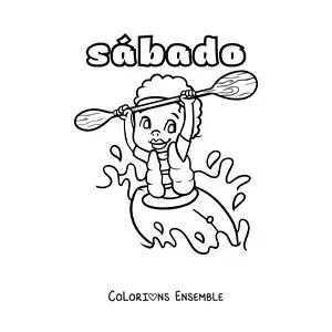 Image à colorier du samedi avec un garçon qui pagaie en kayak