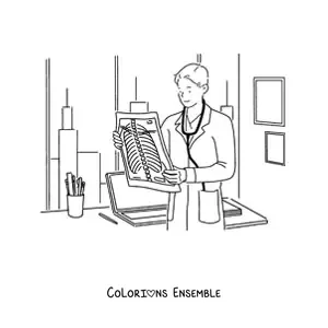 Image à colorier d’une médecin regardant des radios dans un cabinet