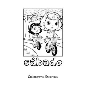 Image à colorier du samedi avec deux filles qui font du vélo au parc