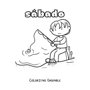 Image à colorier du samedi avec un garçon qui pêche dans un lac