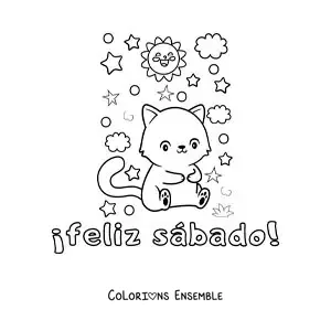 Image à colorier de bon samedi avec un chat animé