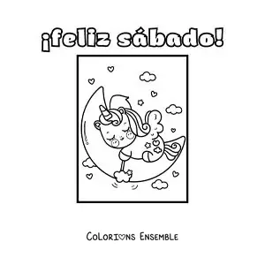 Image à colorier de bon samedi avec une licorne animée qui dort