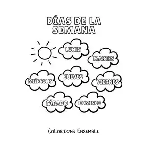 Image à colorier de nuages avec les jours de la semaine pour les enfants