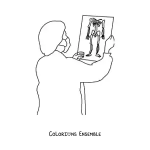 Image à colorier d’un médecin en tenue de bloc opératoire regardant des radios