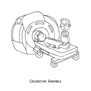 Image à colorier d’un médecin réalisant une IRM à un patient