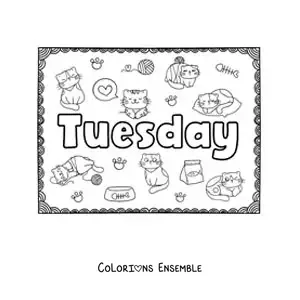 Image à colorier d'une affiche Tuesday avec des dessins animés