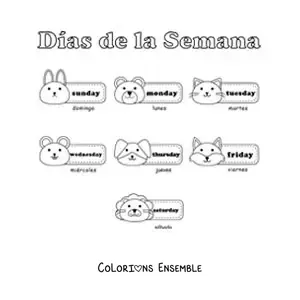 Image à colorier de fiches avec les jours de la semaine en anglais et en espagnol