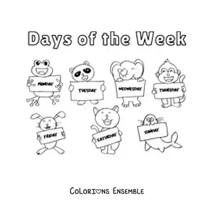 Image à colorier d'animaux animés avec les jours de la semaine en anglais