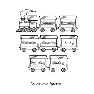 Image à colorier d'un train avec les jours de la semaine en anglais