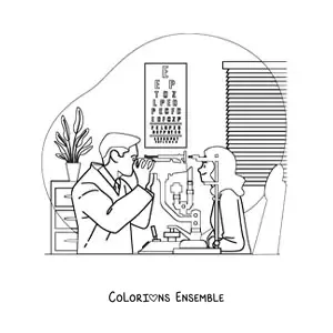 Image à colorier d’un ophtalmologue examinant une patiente