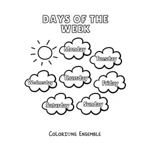 Image à colorier de nuages avec les jours de la semaine en anglais