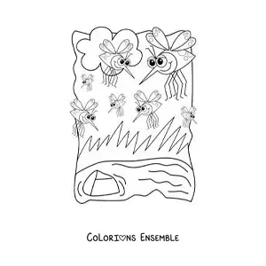 Image à colorier de moustiques rigolos près d’un point d’eau