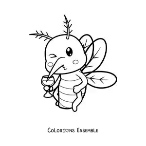 Image à colorier d’un moustique rigolo qui boit du sang dans un verre