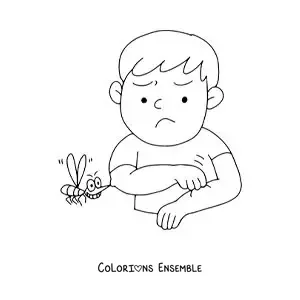 Image à colorier d’un moustique qui pique un petit garçon