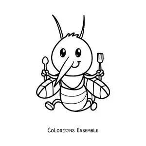 Image à colorier d’un moustique rigolo avec des couverts