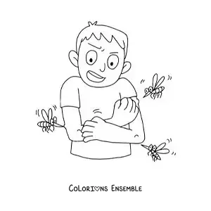 Image à colorier d’un moustique de la dengue qui pique un petit garçon