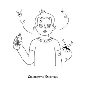 Image à colorier d’un garçon avec un répulsif anti-moustiques