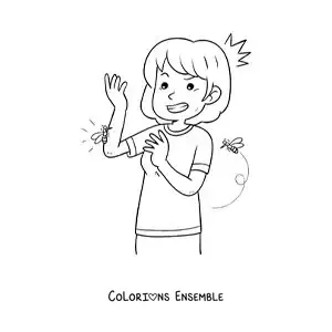 Image à colorier d’un moustique qui pique une petite fille
