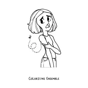 Image à colorier d’une petite fille avec une piqûre de moustique