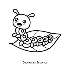 Image à colorier d’une chenille kawaii sur une feuille