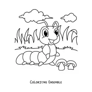Image à colorier d’une chenille rigolote dans le jardin