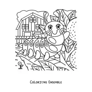 Image à colorier d’une chenille rigolote sur une feuille
