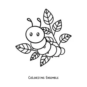 Image à colorier d’une chenille kawaii avec des feuilles