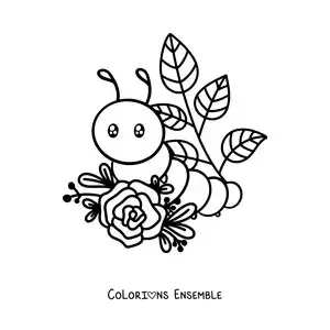 Image à colorier d’une chenille kawaii avec des feuilles et des fleurs