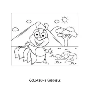 Image à colorier d’une chenille rigolote et souriante dans la campagne