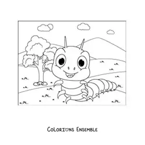 Image à colorier d’une chenille rigolote et heureuse dans le parc