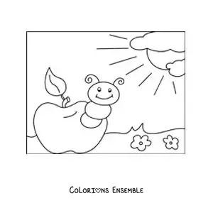 Image à colorier d’une chenille rigolote sur une pomme