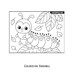 Image à colorier d’une jolie chenille rigolote sur une feuille