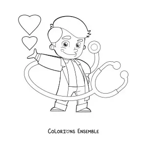 Image à colorier d’un médecin avec un stéthoscope entouré de cœurs
