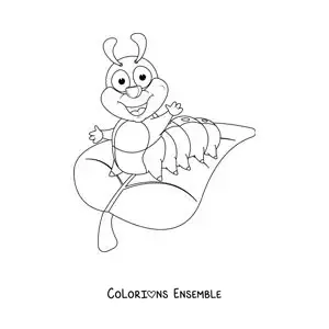 Image à colorier d’une chenille souriante sur une feuille en dessin animé