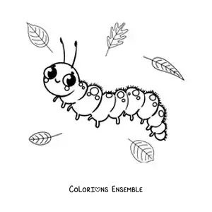 Image à colorier d’une jolie chenille pour enfants avec des feuilles