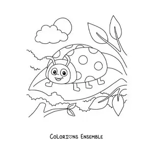 Image à colorier d’une coccinelle rigolote qui mange une feuille