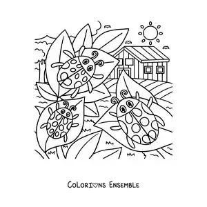 Image à colorier de coccinelles rigolotes dans un jardin