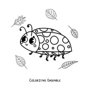 Image à colorier d’une coccinelle kawaii avec des feuilles