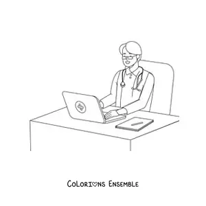 Image à colorier d’un médecin assis à un bureau dans un cabinet