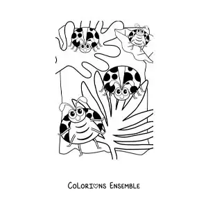 Image à colorier de coccinelles rigolotes dans un jardin