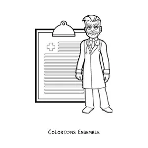 Image à colorier d’un médecin à côté d’une ordonnance médicale