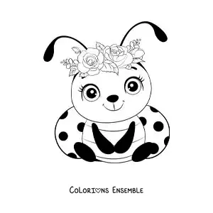 Image à colorier d’un mignon bébé coccinelle avec des fleurs